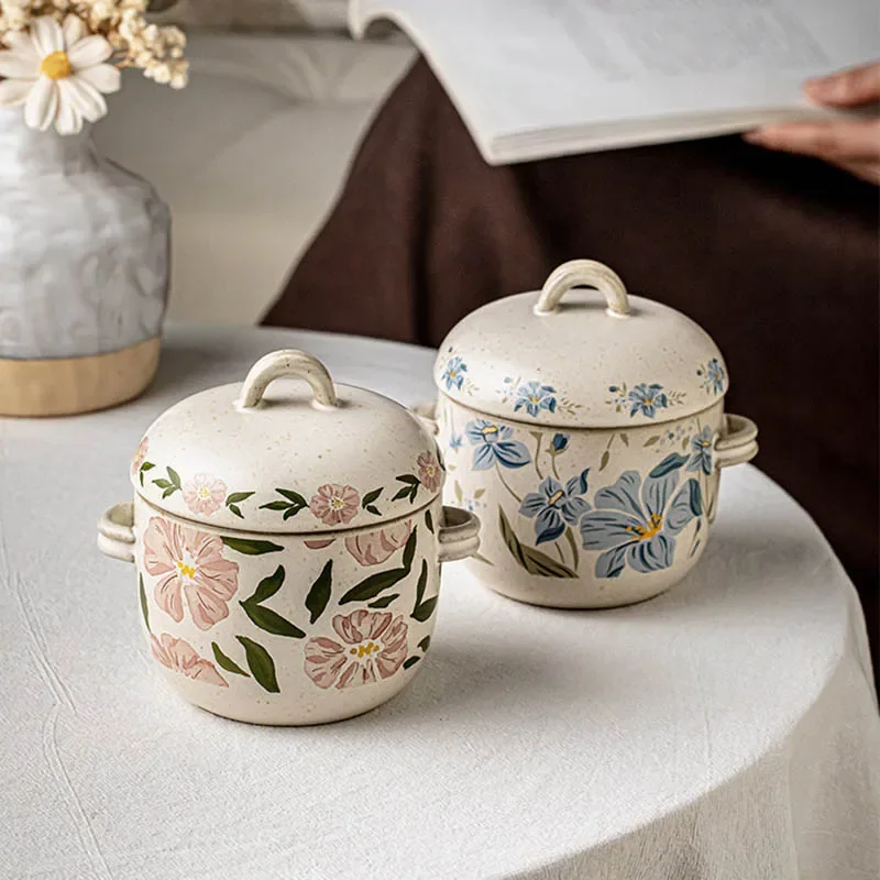 Floral Pattern Ceramics Double-Ear Stew Pot With Lid Tableware Bowl New Kitchen Tableware Creativity Soup Bowl Large Capacity