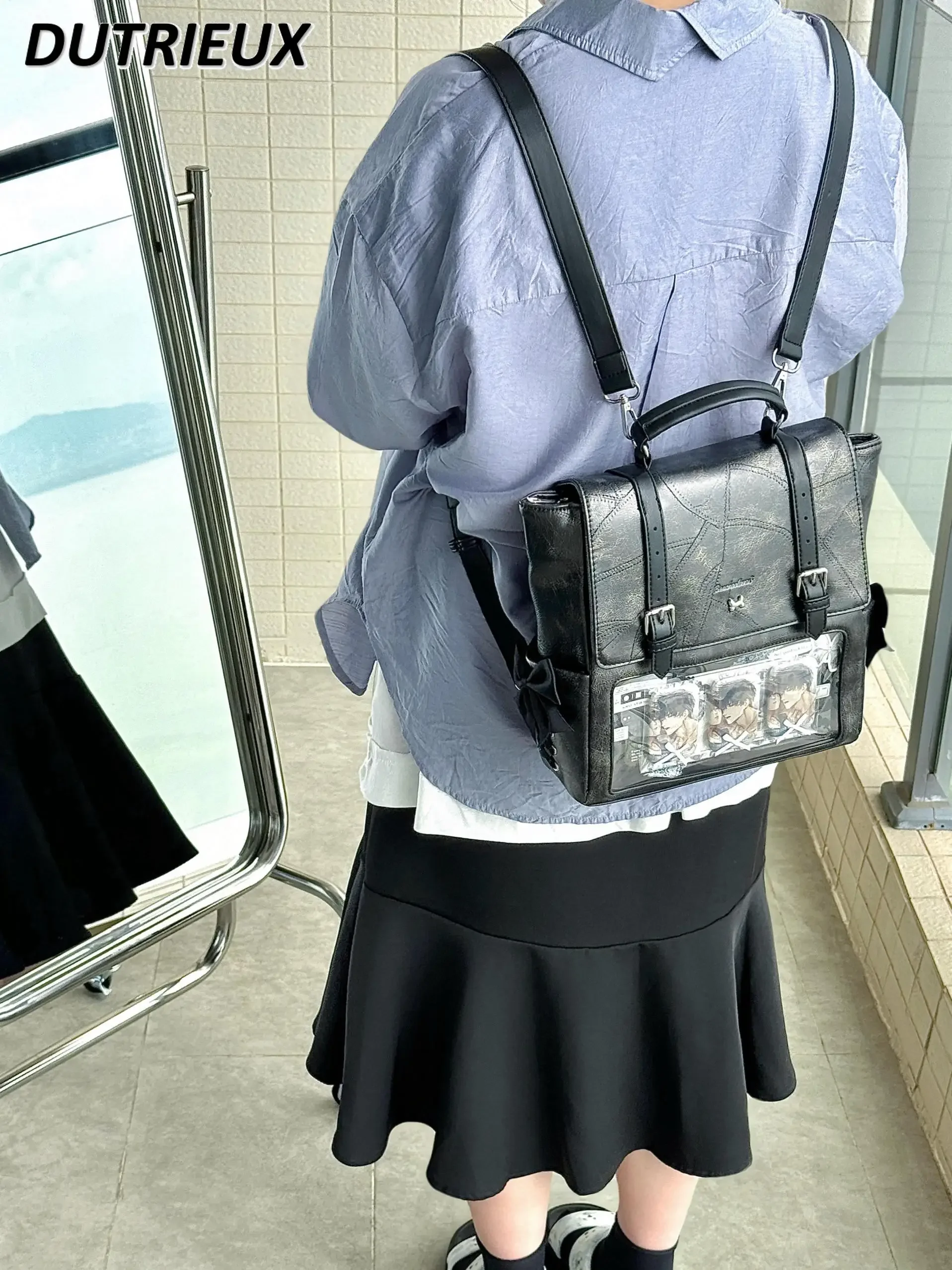 Japanese Style Backpacks for Women Shoulder Bow Ribbon Pu Crossbody Portable Lolita Bags Fashion Sweet Cute Kawaii Backpack