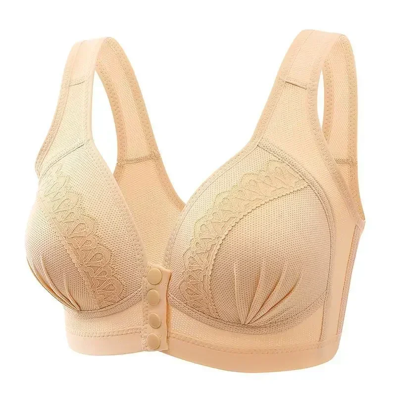 Gather Breathable Comfortable Breast-free Underwire Middle-aged Mom Bra With Large Size Front Buttons Nursing Underwear