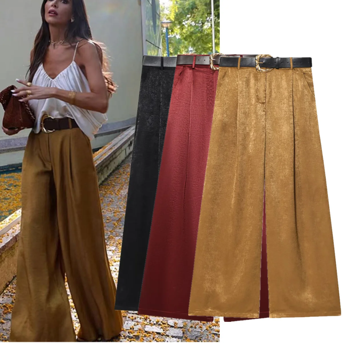 

Jenny&Dave Minimalist Solid Color Trousers French Fashion Lady 2026 Spring Women's Pants Woman Clothes Satin Wide Leg Pants Wome