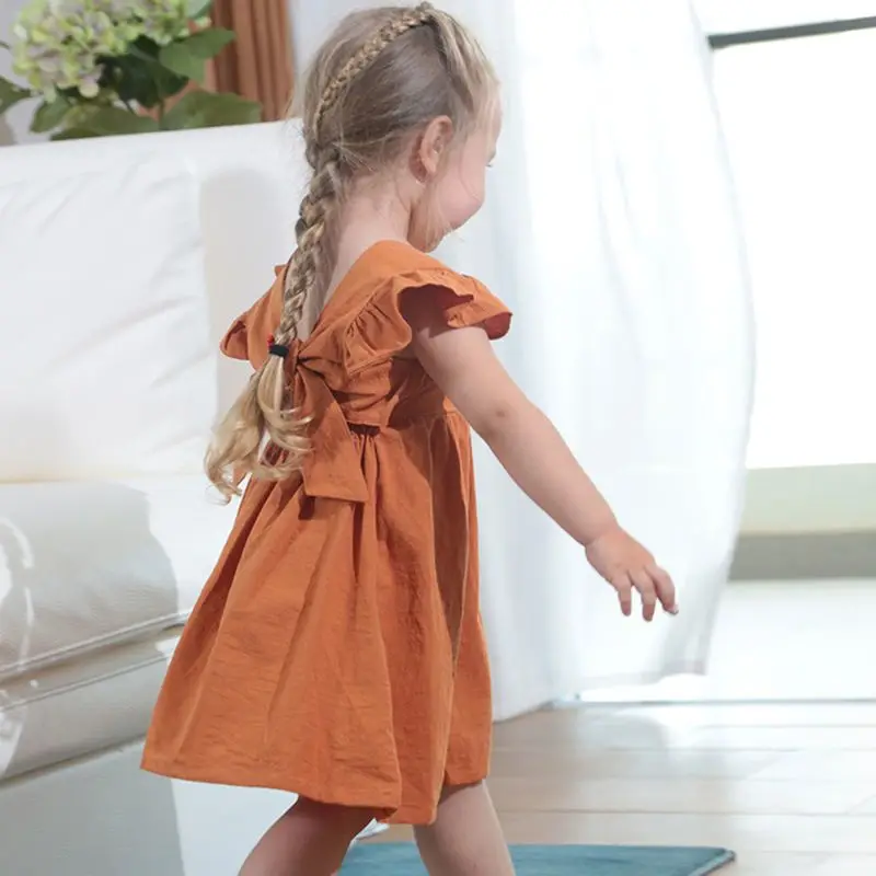Baby Girl Linen Cotton Dress Toddler Ruffle Sleeve Casual Sundress Back Bow Cutout Summer A-Line Dress for Daily Wear Photoshoot