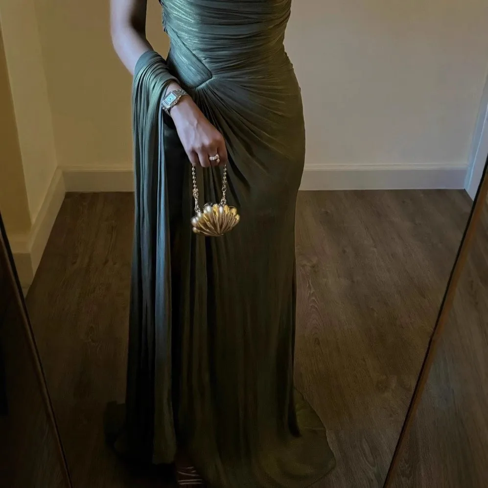 Vestido de Noche Elegante Verde Oliva para Mujer, de un Solo Hombro, con Cintura Fruncida, Abertura Lateral, Cola de Satén, Estilo Dubái, para Boda, Fiesta de Graduación, Formal, Maxi Vestido