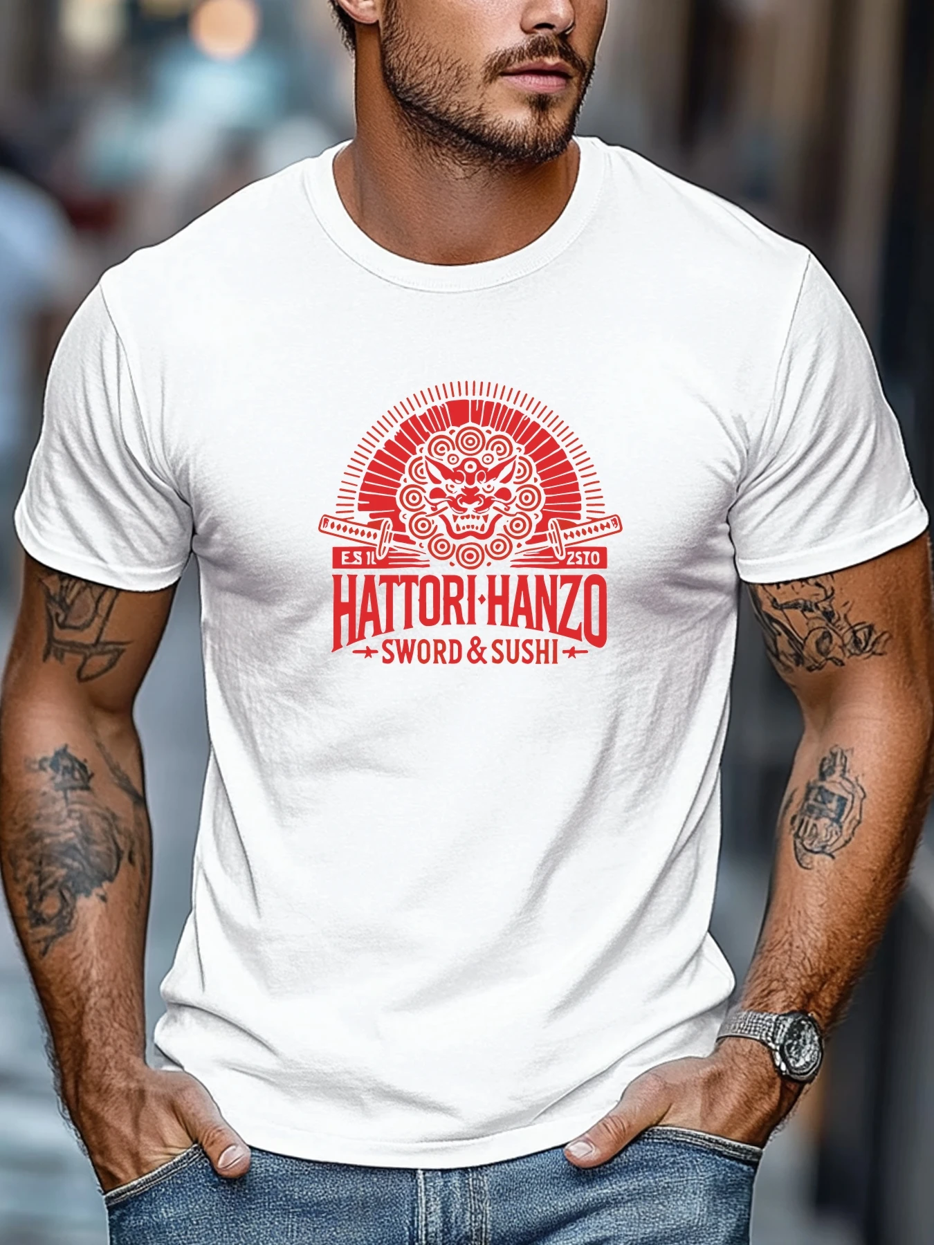 Plus-Size Men's T-Shirt, Relaxed and Casual, Featuring a Hattori Hanzo Design, Summer Casual Crew Neck Short-Sleeve T-Shirt