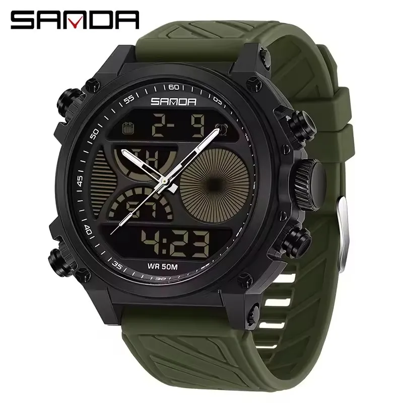 SANDA 6236 Men's Quartz Watch Fashion Sports Waterproof Dual Display Multifunctional Silicone Strap Wristwatch for Male