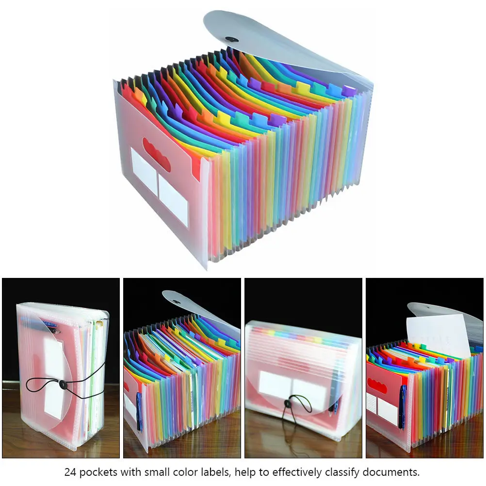 24 Pockets Transparent Rainbow Document Folder A4 Letter Size Expandable File Organizer for Office Student A4 Document Folder
