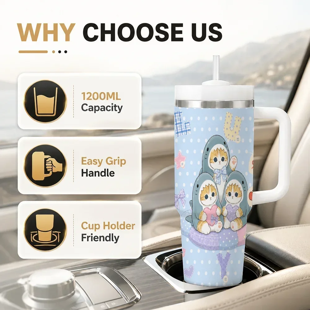 Cute Cat Cartoon Mofusand Vacuum Flasks 40oz Leakproof Steel Tumbler w/ Lid Straw Handle Hot Cold Drinksorders for other colors will be shipped randomly in black or white