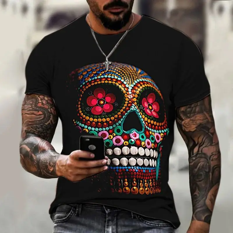 Summer Horror Skull Men\'s T-shirts 3d Print O-neck Short Sleeve Skeleton Street Hip-hop Shirt Oversized Tops & Tees Men Clothing