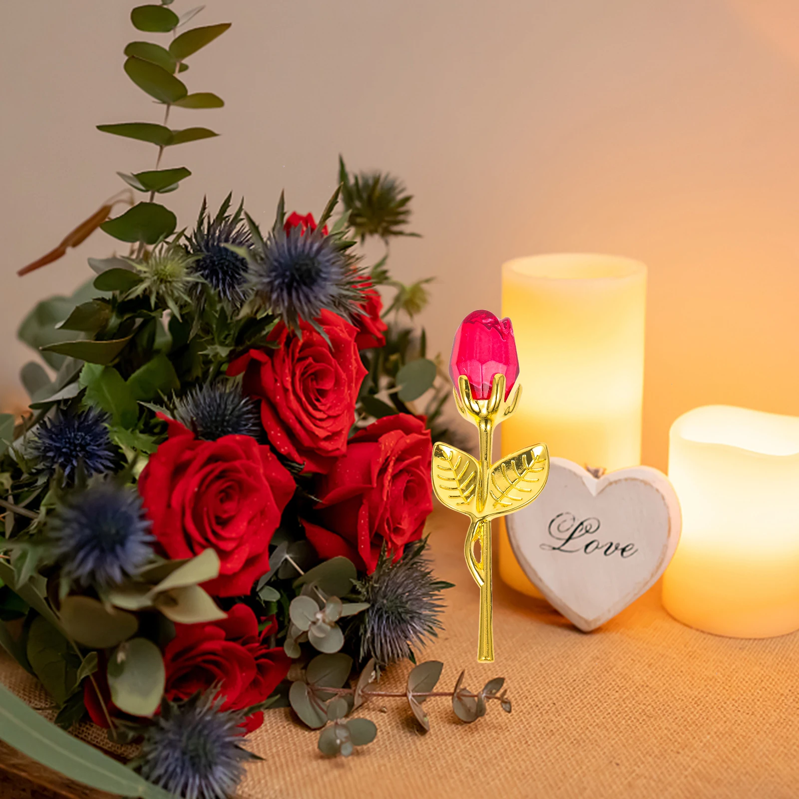 

Metal Rose Flower Ornament Red Crystal Decoration Wedding Table Party Romantic Home Ornament Wedding Decor Party Decor