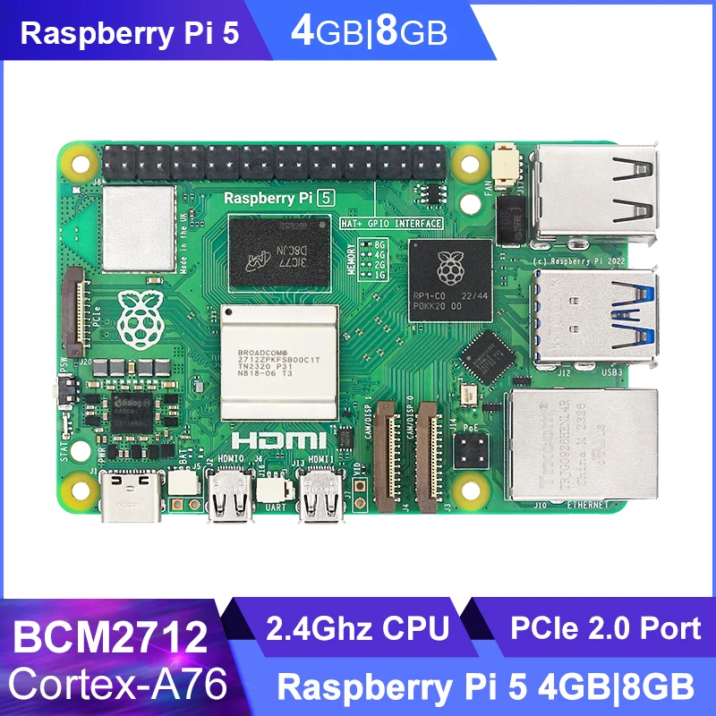 Official Raspberry Pi 5 4GB 8GB RAM BCM2712 Cortex-A76 (ARM v8) 2.4GHz VideoCore VII GPU 4Kp60 PCIe 2.0 RTC Power Switch RPI5