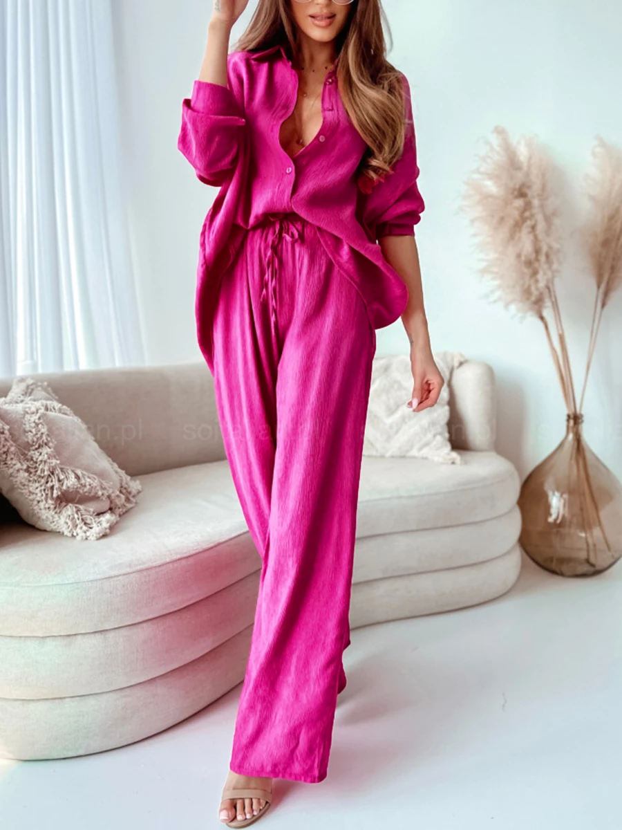 Women s 2 Piece Outfits Summer Co Ords Sets For Women Long Sleeve Shirts Wide Leg Trousers Set Lounge Wear Sets