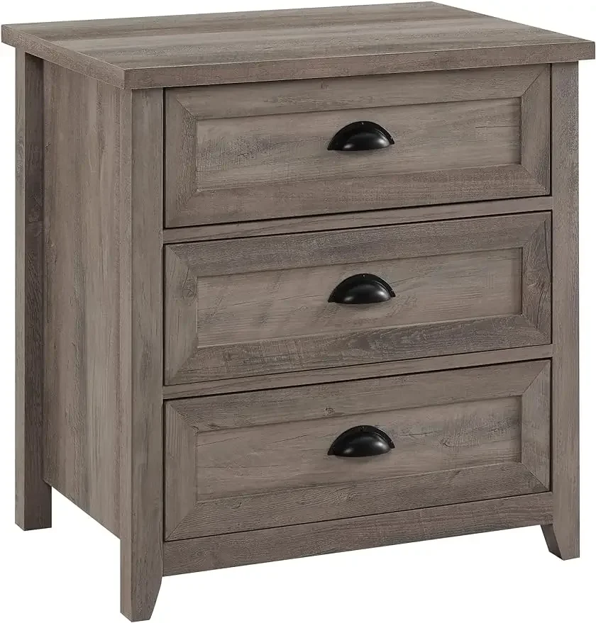 Modern Farmhouse 3 Drawer Framed Nightstand with Half-Moon Handles, 25 Inch, Grey Wash