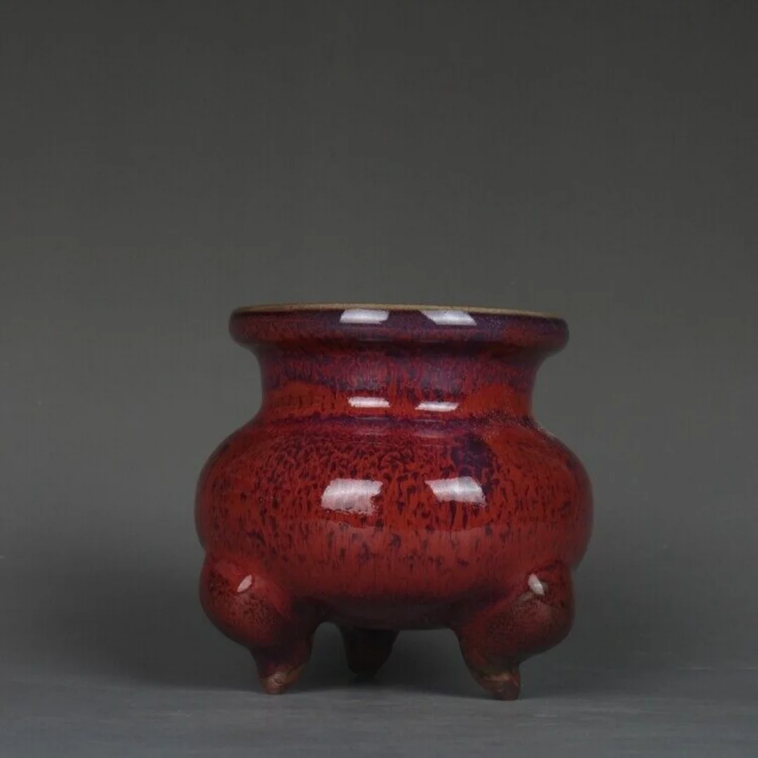 

3" China Jun Kiln Red Glaze Purple Spot Porcelain Tripodia Incense Burner