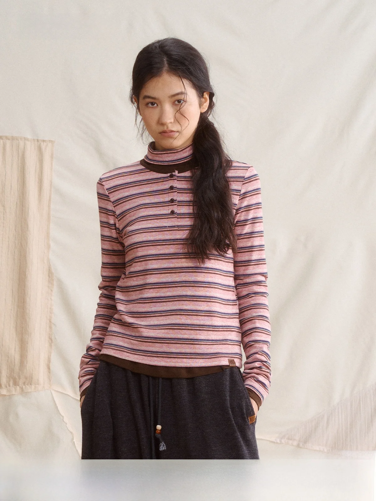 Saotome Rcelle Long Sleeve Striped Color Block Two Piece Set T-Shirt Women's Casual Style High Collar Regular Length Polyeste...