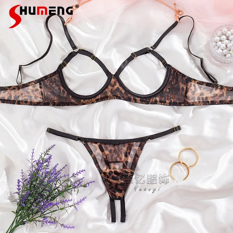 

Leopard Print Lingerie Two Piece Set Female Sexy Hollow Out See Through Brief Sets Women's Mesh Temptation Intimates Suit