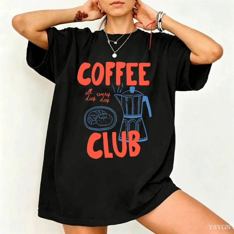 Coffee Club Graphic T-Shirt Coffee Lover Gift Tee All Day Every Day Moka Pot Graphic Summer Short Sleeve Women Streetwear Top