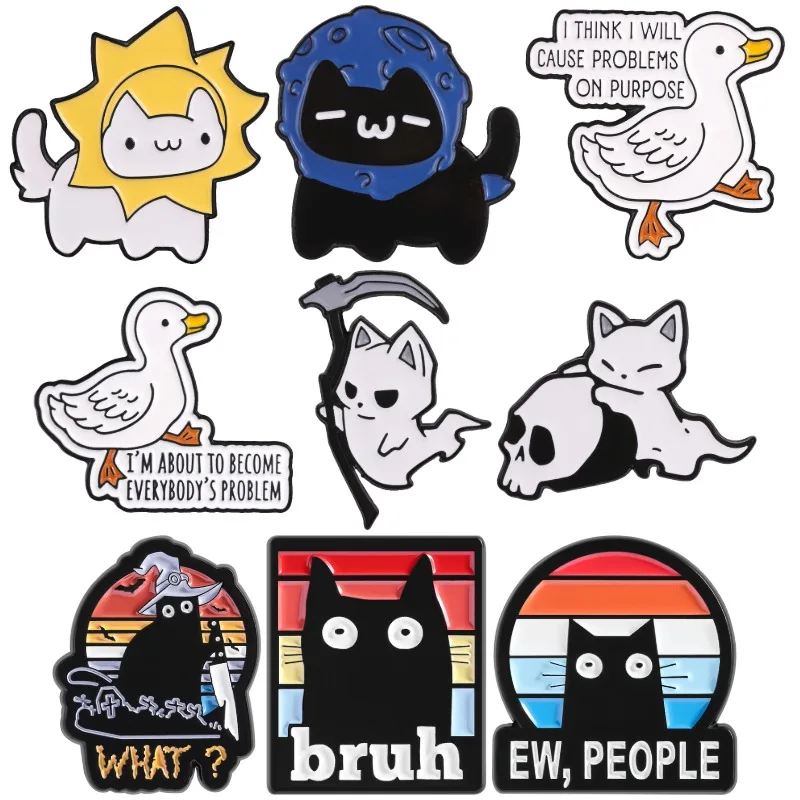 Funny Cartoon Cat Badge Black White Skull Kitten Enamel Pin Skeleton Ghost Duck Lapel Brooch Animal Accessories Gift