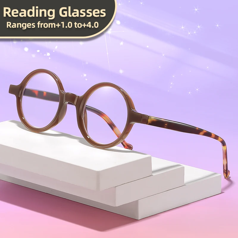 Oyalie Contrasting Color Small Round Frame Reading Glasses, Retro Round Frame with Patterned Temples, Everyday Wear, Instantly Transforms into a Refined Look, Clear Vision, Practical Reading Glasses with Prescription Coverage from +1.00 to +4.00 Degrees