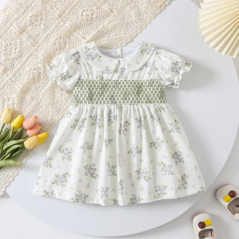 

Новинка 2023 года, летнее платье с цветочным принтом для девочек, милое детское платье со сборками, детская праздничная одежда, костюм, модный хлопковый наряд Питера Пэна, очаровательный наряд