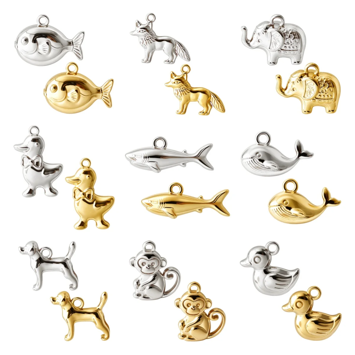 6 piezas de dijes de acero inoxidable con forma de pato, lobo, elefante, pez, tiburón y mono, cuentas colgantes para mujeres, joyería DIY, pulseras, collares y pendientes