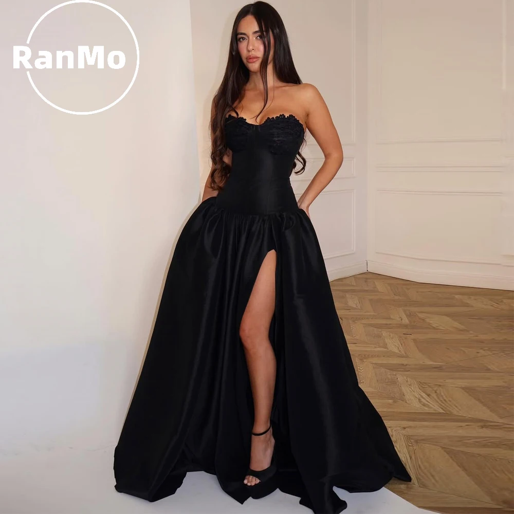 

Ranmo Customized Black Strapless Lace Trim Prom Dress vestidos de noche High Slit Satin A Line Formal Evening Gowns For Women
