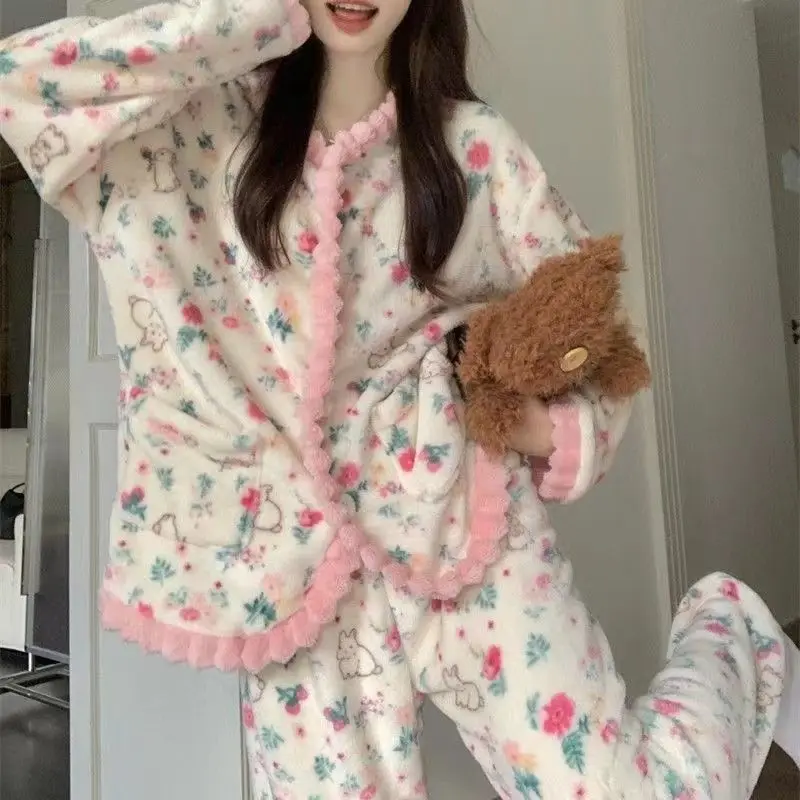 Coral Fleece Pajamas Women Autumn Winter Print Thickened Plush Sleepwear Cardigan Suit Warm Soft Homewear Long Sleeves Pajamas