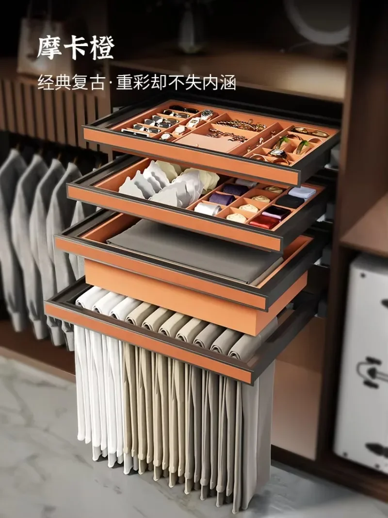 Wardrobe jewelry box built-in pull-up pants rack push-up pants draw cloakroom multi-functional storage light luxury leather