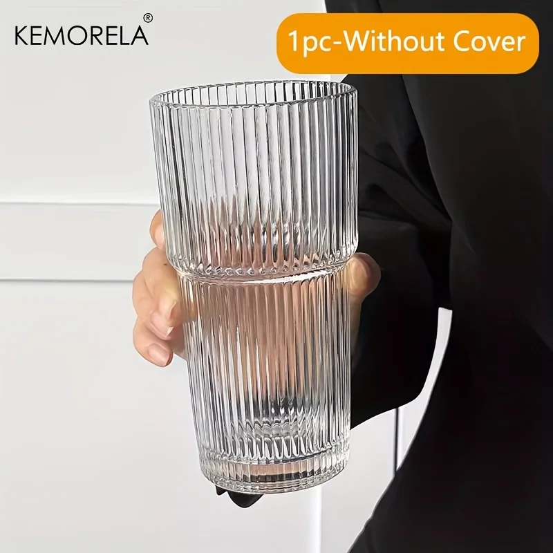 KEMORELA 600 ml Streifen-Glas-Kaffeetasse mit Deckel und ohne Deckel, Strohhalm, transparente Trinkgläser für Saft, Eiskaffeetassen, Trinkgeschirr 5