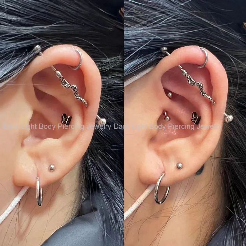 1PC Goth Snake Industrial Piercing Thin Rod Barbell Ear Nail Stainless Steel Helix Earring Double Holes Ear Bridge Ear Bone Body