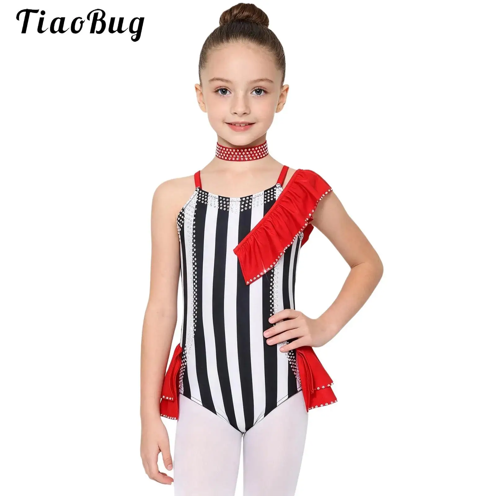 Kids Circus Performance Costume Girls Ballet Jersey Gymnastic Leotard Rhinestones Striped Ringmaster Jumpsuit Halloween Outfits