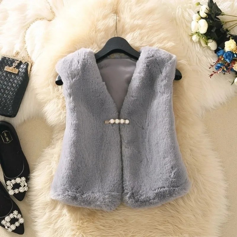 Autumn Winter New Women Short Imitated Mink Fur Vest Female Fashion V-neck Slim Short Waistcoat All-Match Solid Color outwear