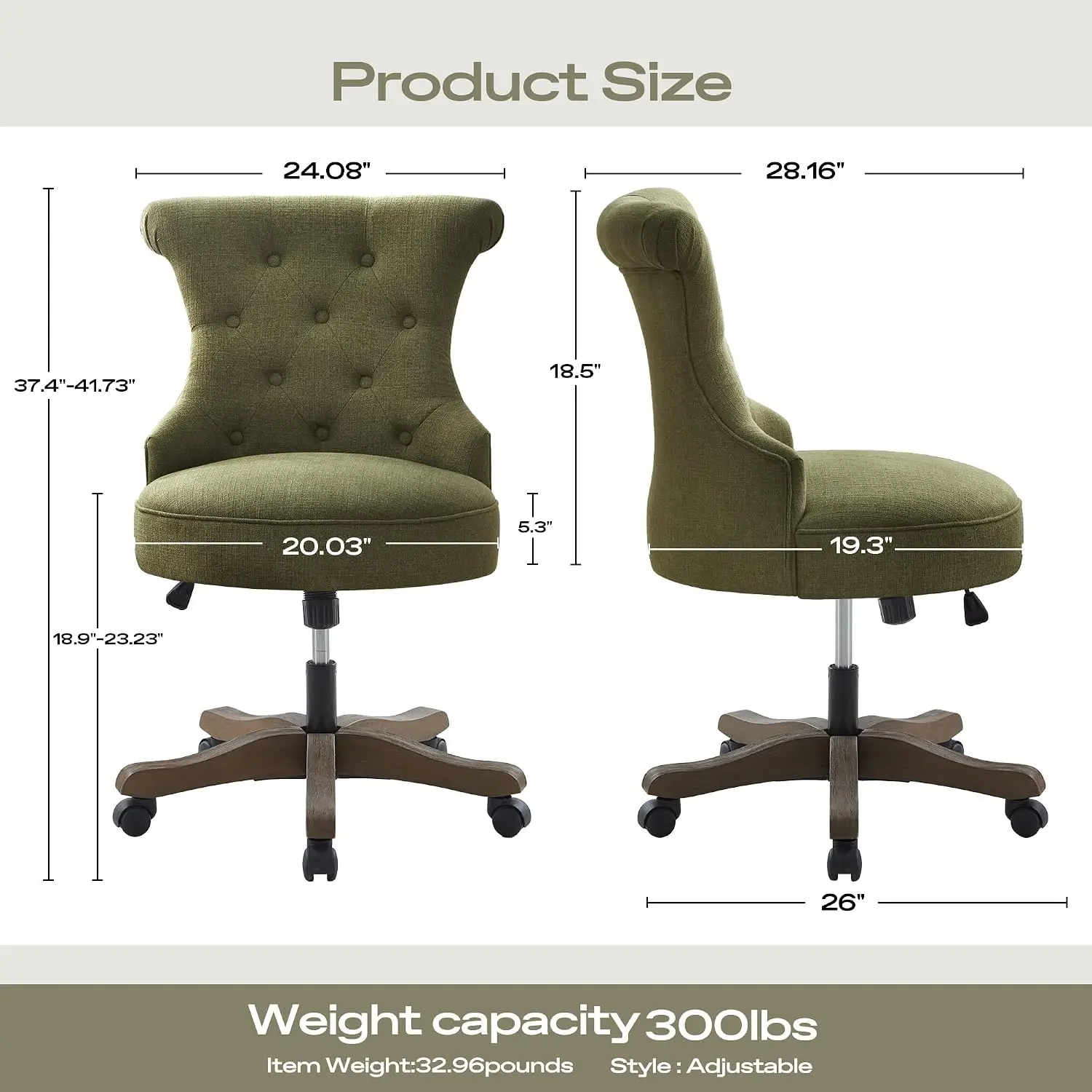 Armless Swivel Desk Chair with Wheels & Adjustable Height, Wooden Legs Linen Computer Chair for Home Office, Green, Customized