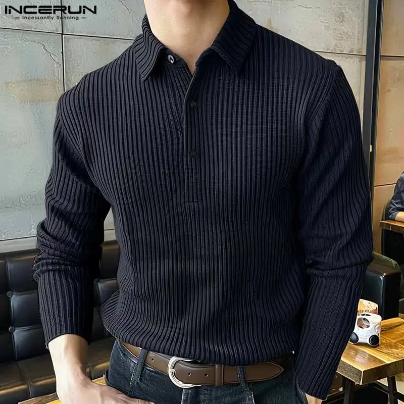 

Fashion Casual Style Tops INCERUN Men's Knitted Pit Stripe Shirts Streetwear Male Hot Sale Long Sleeved Lapel Blouse S-5XL 2024