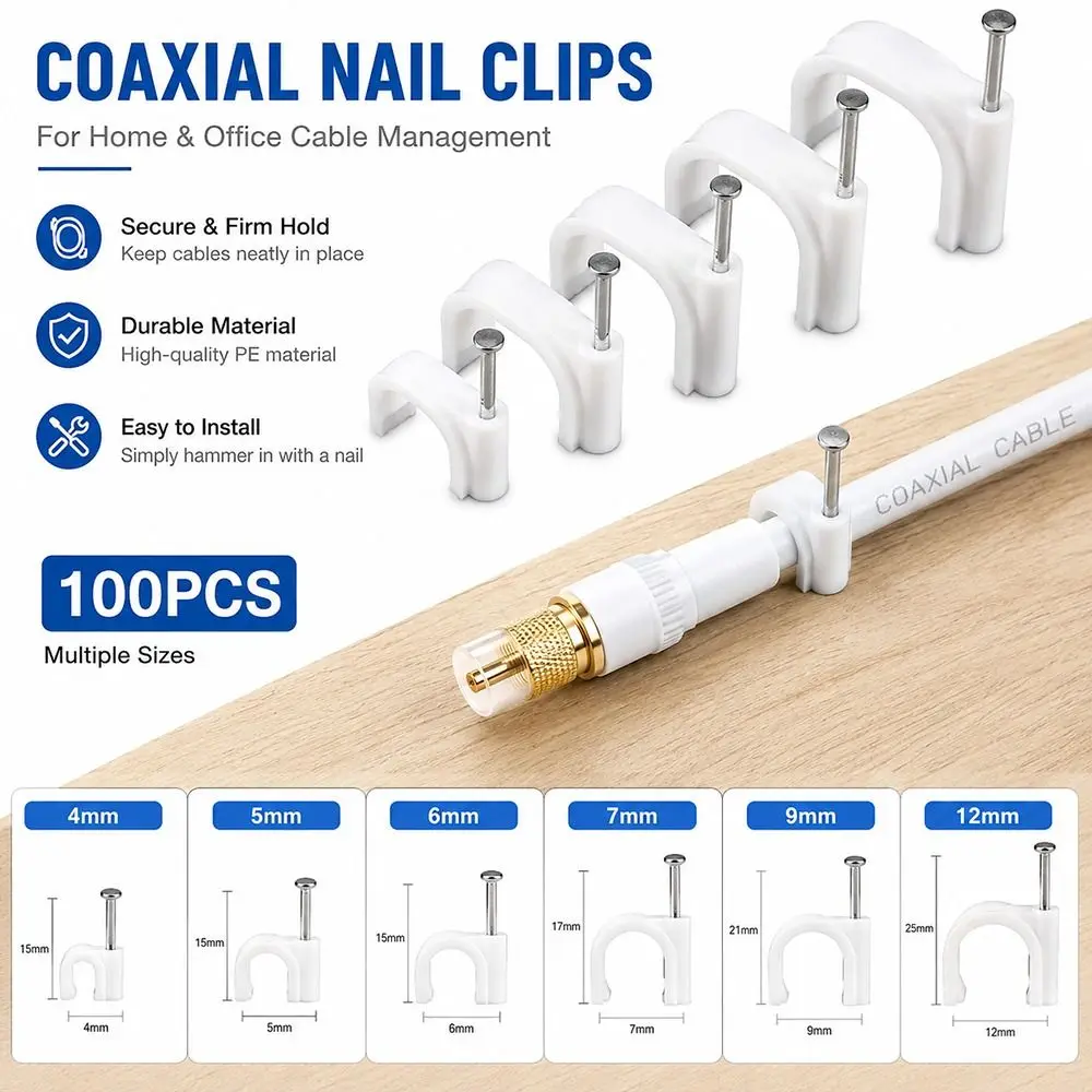 100Pcs 4-20mm Cable Clips Steel Nails Smooth Shank Nail In Cable Clips Cord Holder Cable Management Coaxial Nail Clamps