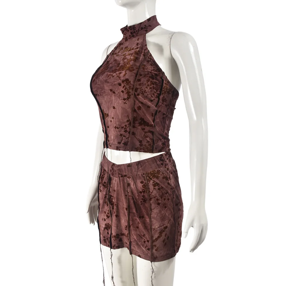SKMY Y2k Clothes Fashion Velvet Patchwork Wrapped Chest Sleeveless Crop Tops Mini Skirts Two Piece Sets Outfits For Women
