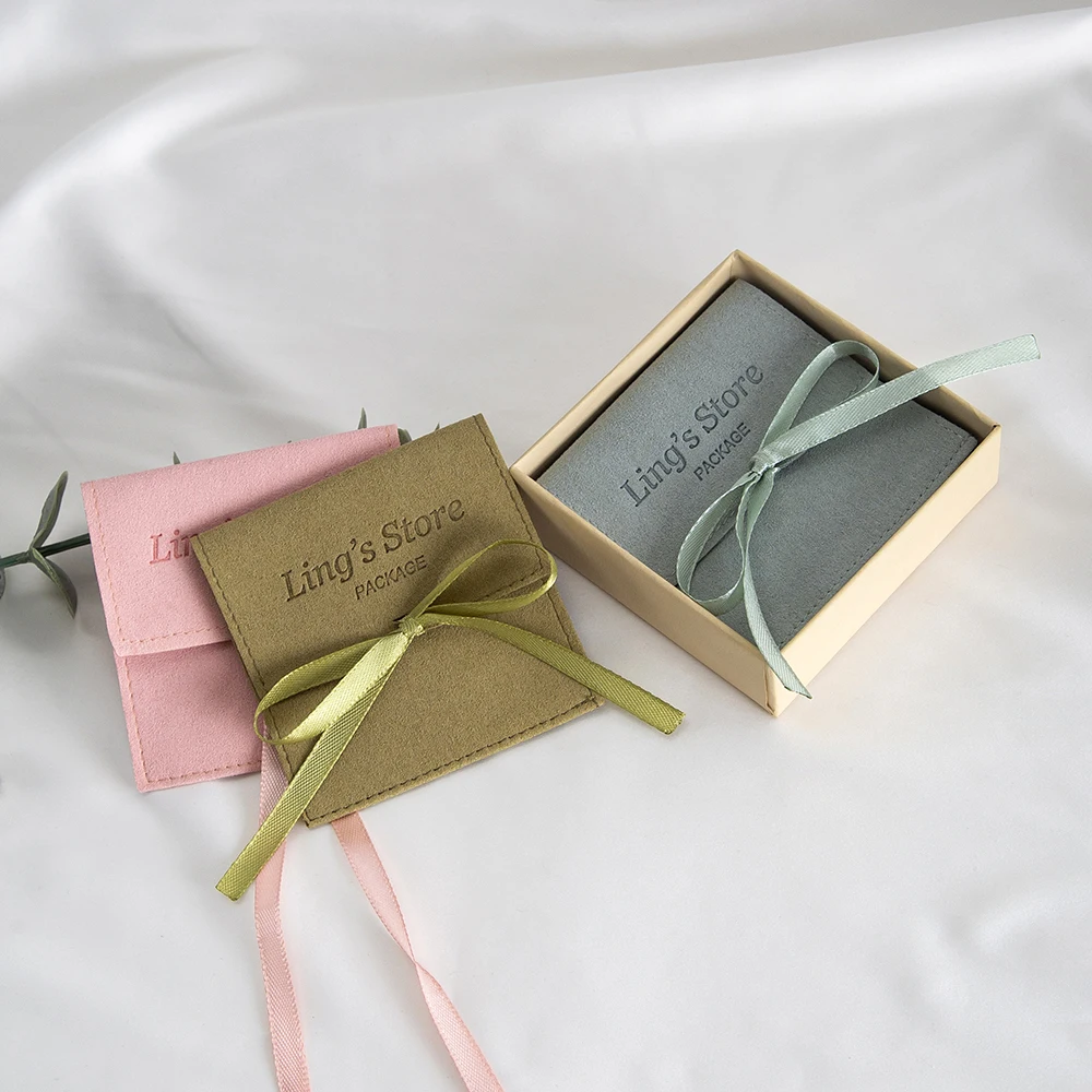 

100Pcs Luxury Personalized Logo Jewelry Microfiber Half Cover Ribbon Bag Wedding Favor Gift Packaging Flannel Suede Velvet Pouch