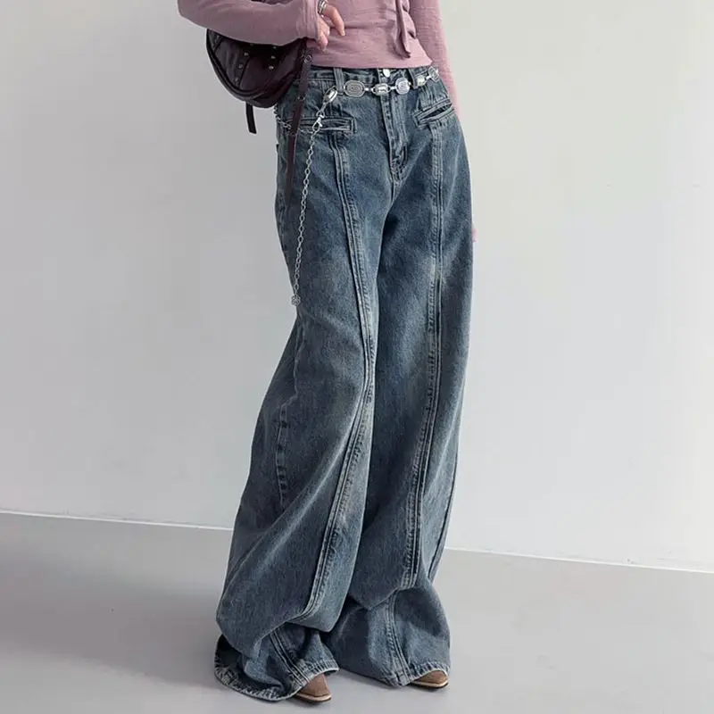 Jean Join Together Straight Loose High Waist Baggy Women Casual Streetwear Vintage Denim Trousers Korean Fashion Wide Leg Pant