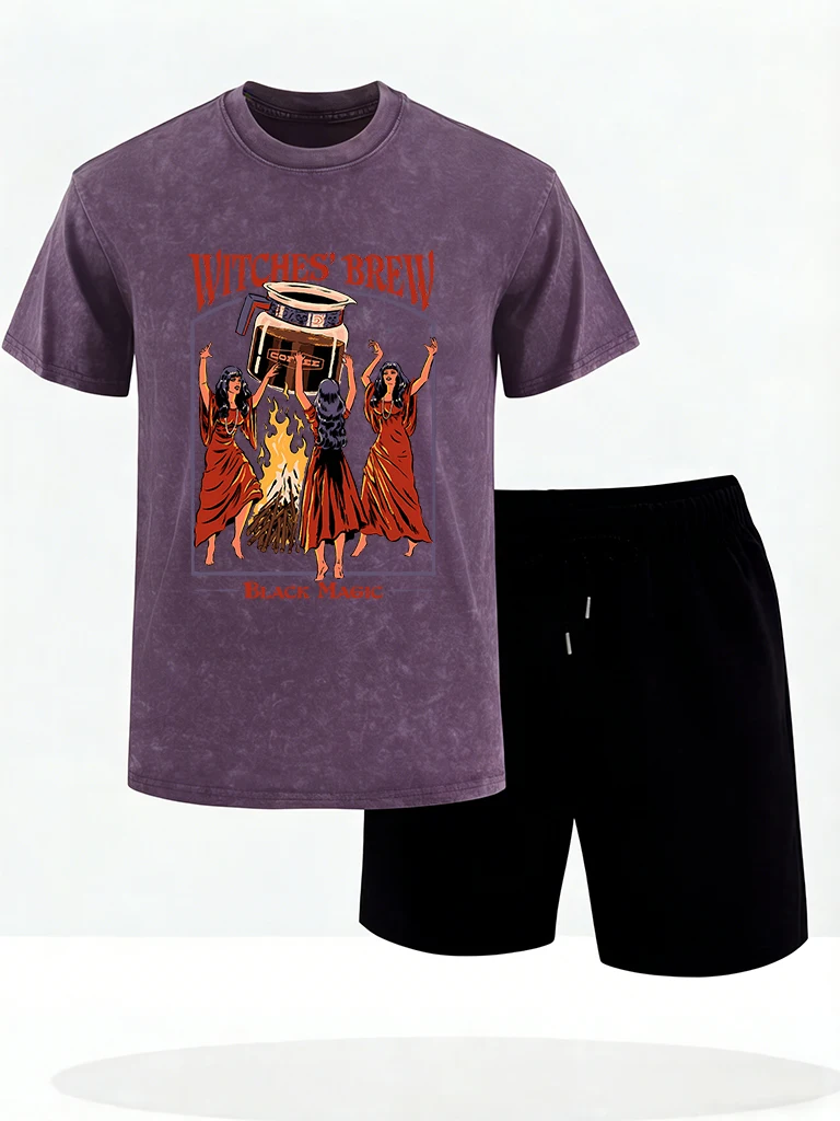 

Witces Brew Coffee Retro Snow Print Mans Vintage T Shirts Cotton All-Match Shorts Loose Crewneck Summer Creative Washed Clothing