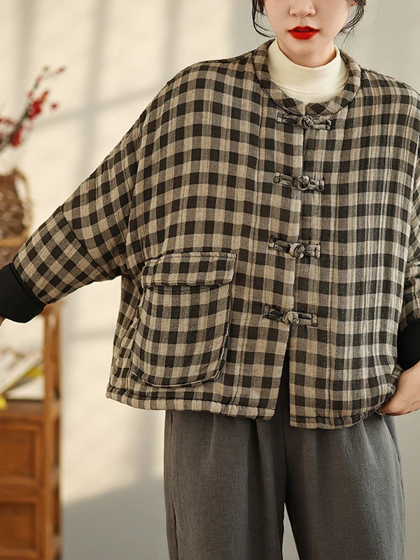 

Thiened Winter Outerwear Women's Retro Button Stand Collar Cotton Jaet Warm Ethnic Sle Long Sve Regular Fit Plaid Coat