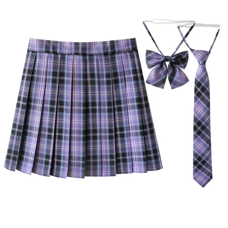 Women Plaid Pleat Skirt With Necktie Bowtie Harajuku Preppy Mini Japanese School Uniforms Girls Summer Jupe Kawaii Skirt