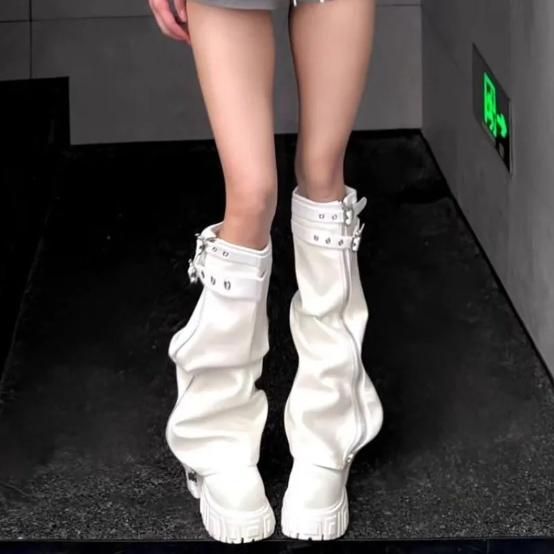 Women Round Toe Slouchy Knee High Boots Double Buckle Strap Faux Leather Thick Platform Sole Side Zipper Tall Boots