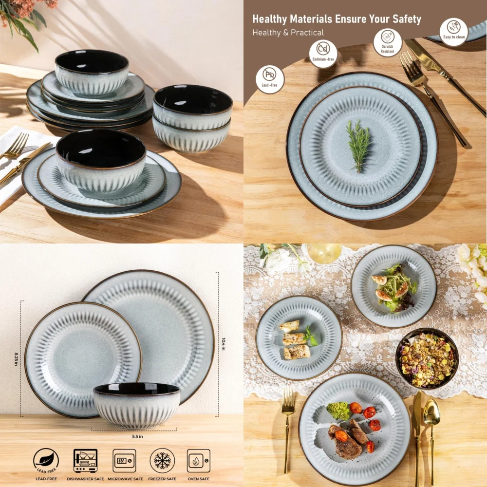 مجموعة أدوات مائدة سيراميك طقم أواني طعام سيراميك مصنوع يدويًا مع أطباق وأطباق من الخزف الحجري بتصميم منقوش لتناول الطعام الحديث