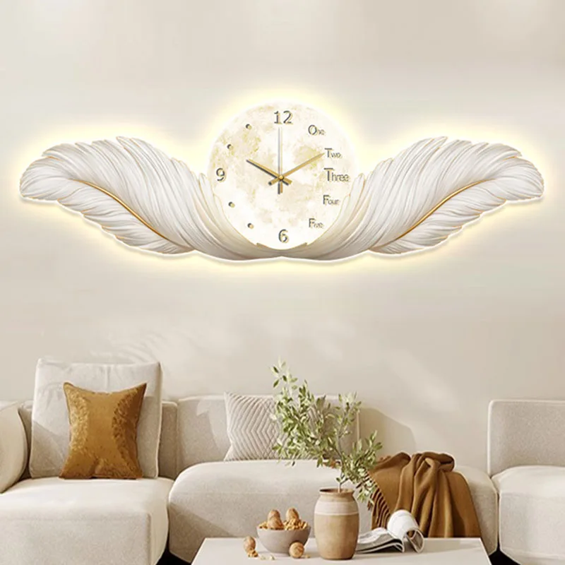 LED Illuminated Feather Wall Art with Clock Luxury Large Painting Sofa Background Bedroom Headboard Modern 3D Night Light Decor