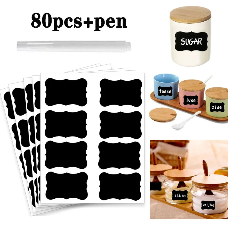 40-120pcs Waterproof Chalkboard Kitchen Spice Label Stickers Home Jars Bottles Tags Blackboard Labels Sticker NO with Marker Pen