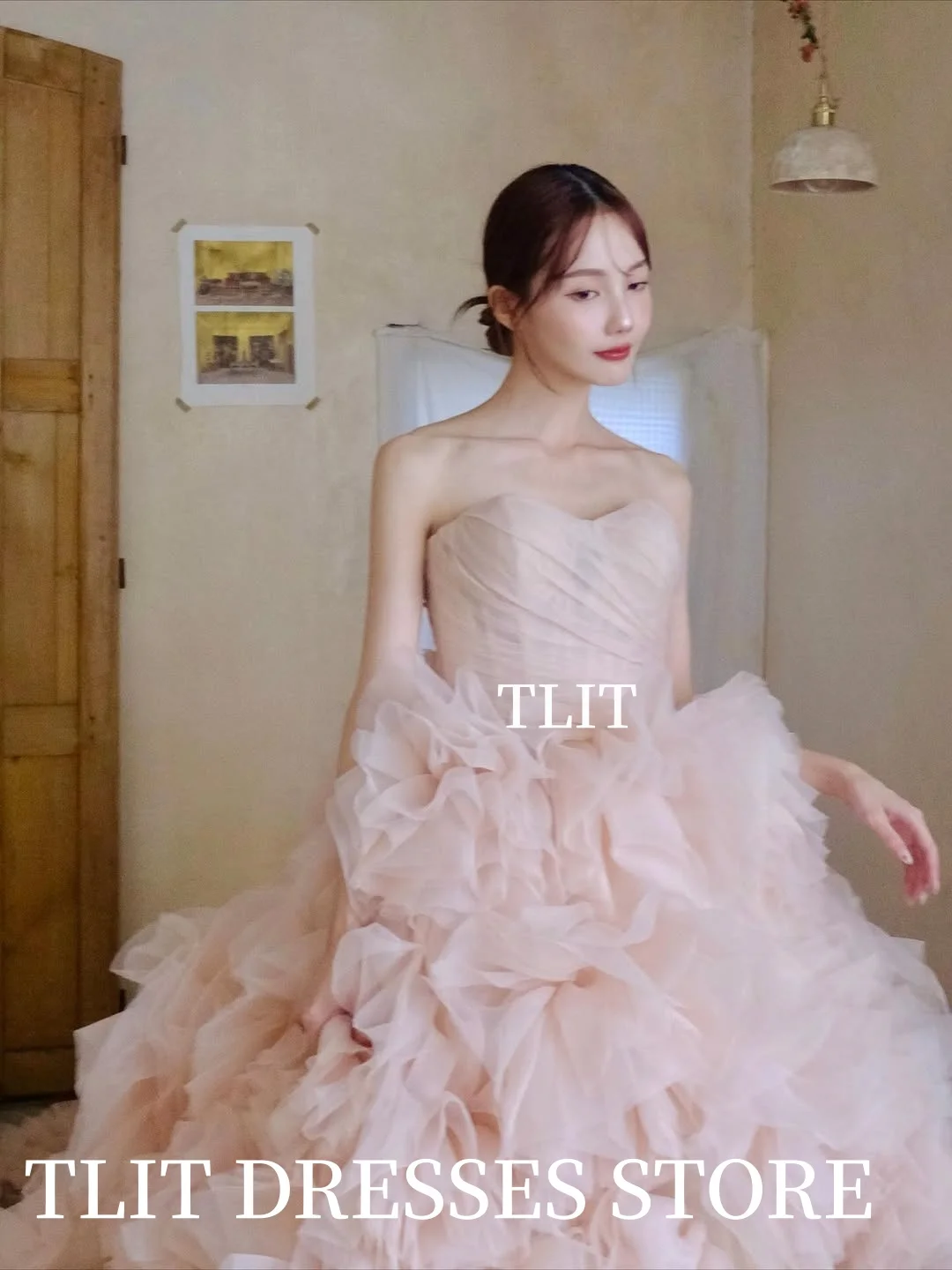 TLIT Lovely Pink Tiered Tulle Evening Dress이브닝 드레스 Korea Wedding Dresses Photo Shoot Pleats Strapless Prom Gown Customized