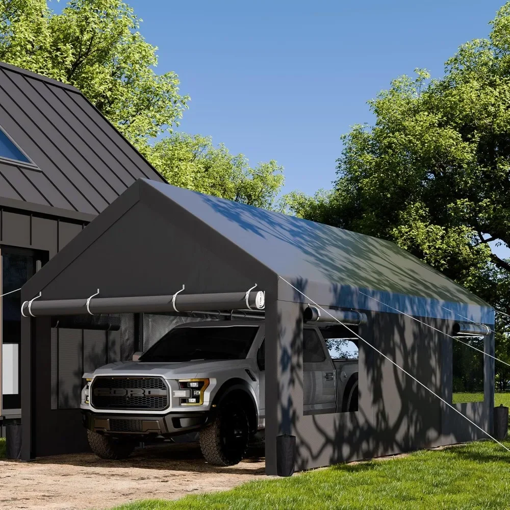 12x20 ft Heavy Duty Carport with Roll-up Windows, Portable Garage with Removable Sidewalls & Doors, Car Canopy with Sandbags