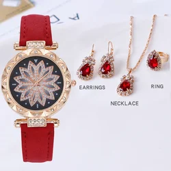 5Pcs/set  Fashion Matte Dial Personality Simplicity Women's Belt Quartz Watch & Jewelry Rhinestone Necklace Earring Ring Kit