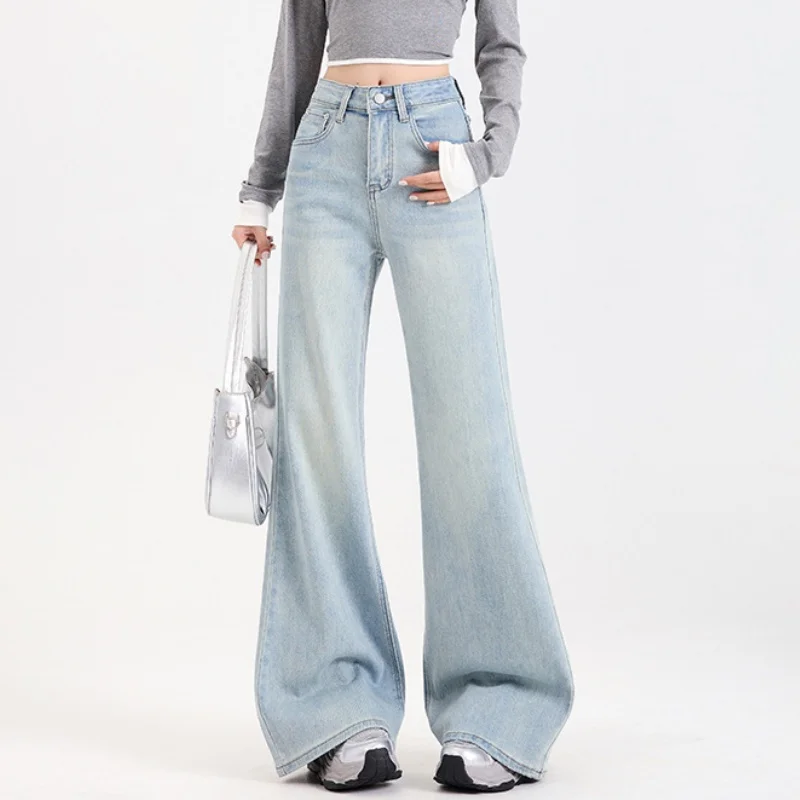 

Summer New High Waist Women Wide Leg Jeans Stretch Flared Pants Female Bell-bottom Trousrs Light Blue Dragging Pants