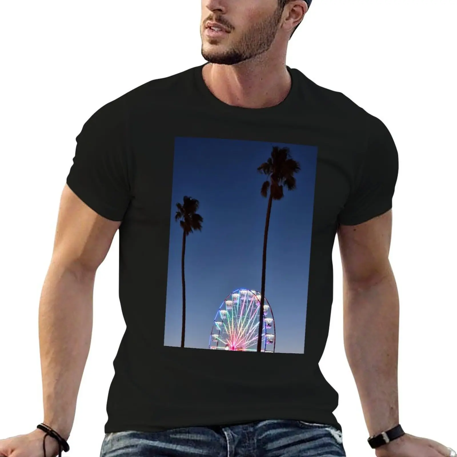 Ferris wheel at sunset - St Kilda Beach, Melbourne Australia T-Shirt Simple Solid Color Crew Neck Tee