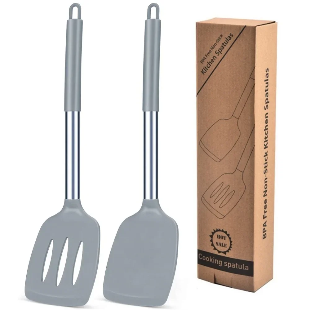 2 Pieces Silicone Spatula Kitchen Cooking Utensils Stainless Steel Tight Spatula Leaky Spatula Non-stick Cookware Kitchen Tool s