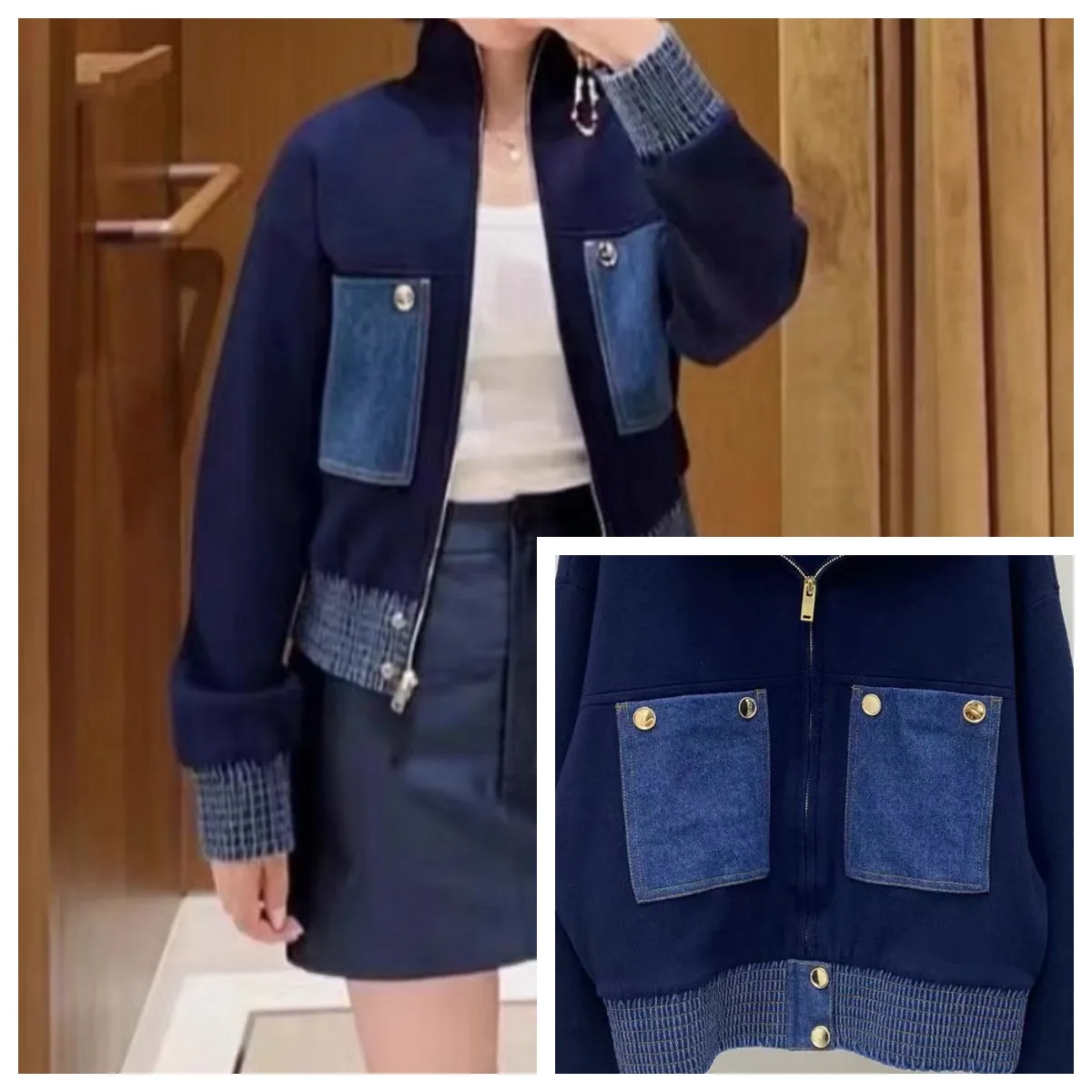 

Denim Patchwork Women Knit Zipper Cardigan Coat Long Sleeve Female Pocket Patch Turn-Down Collar Short Sweater Coat